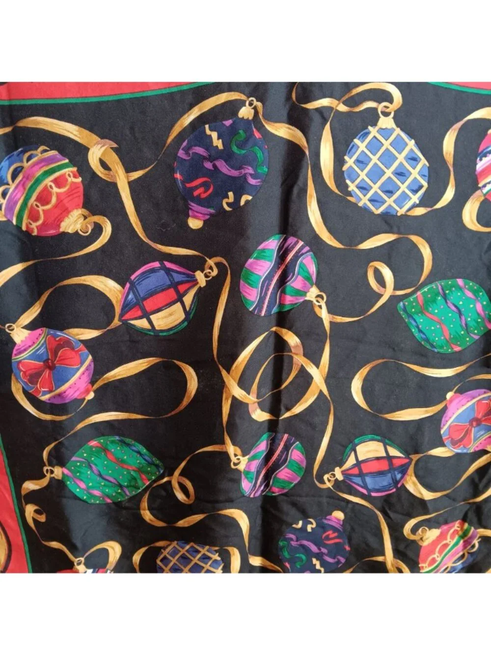 Vintage Talbots Christmas Silk Scarf Ornaments & Gold Ribbon Design Made Japan